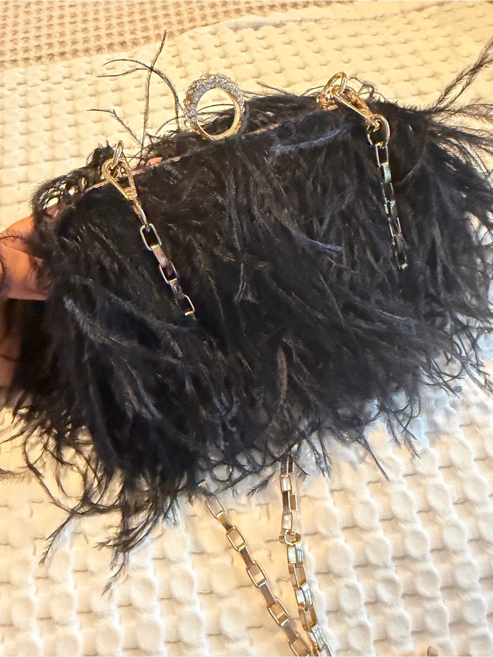 Black Feather Chain Clutch Handbag - Gold Hardware